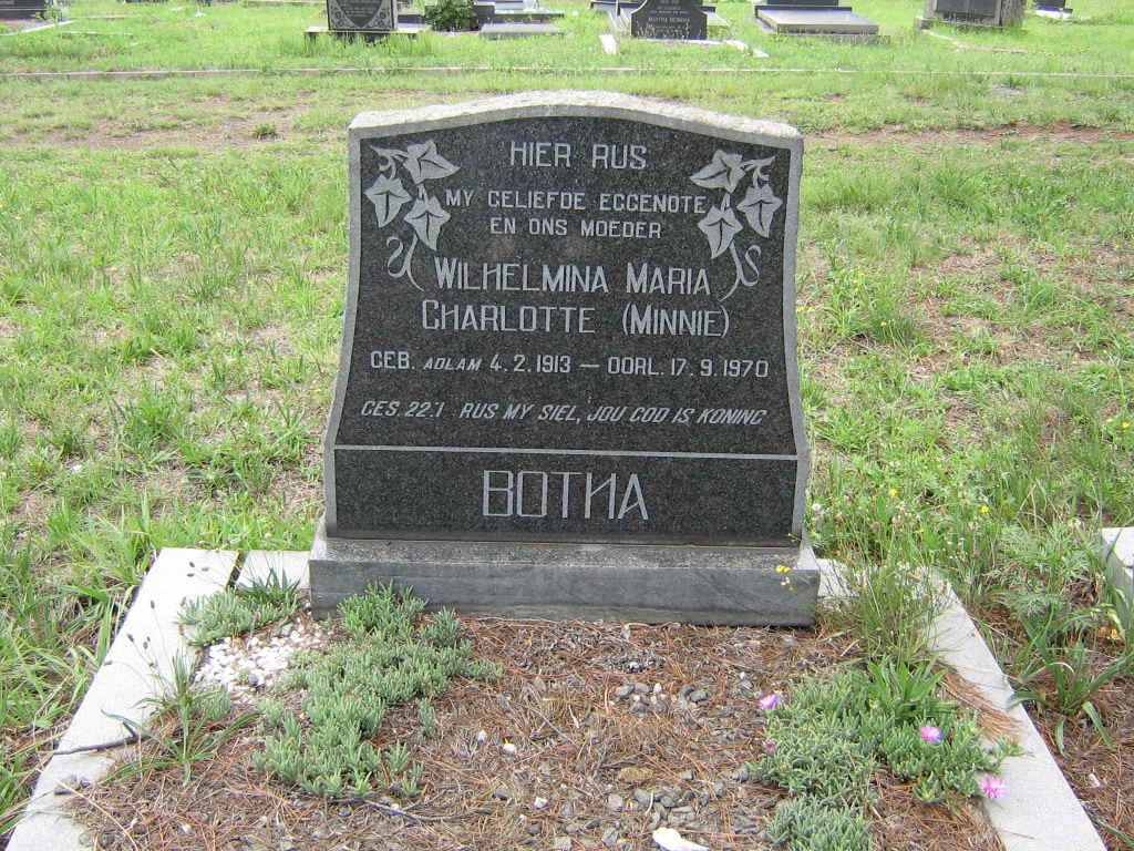 BOTHA Wilhelmina Maria Charlotte nee MINNIE 1913-1970
