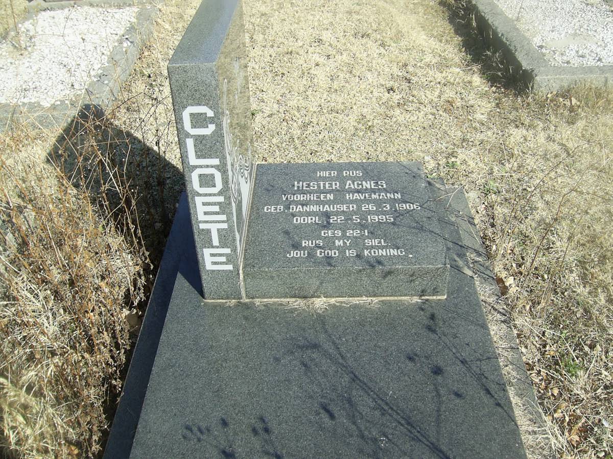 CLOETE Hester Agnes formerly HAVEMANN nee DANNHAUSER 1906-1995