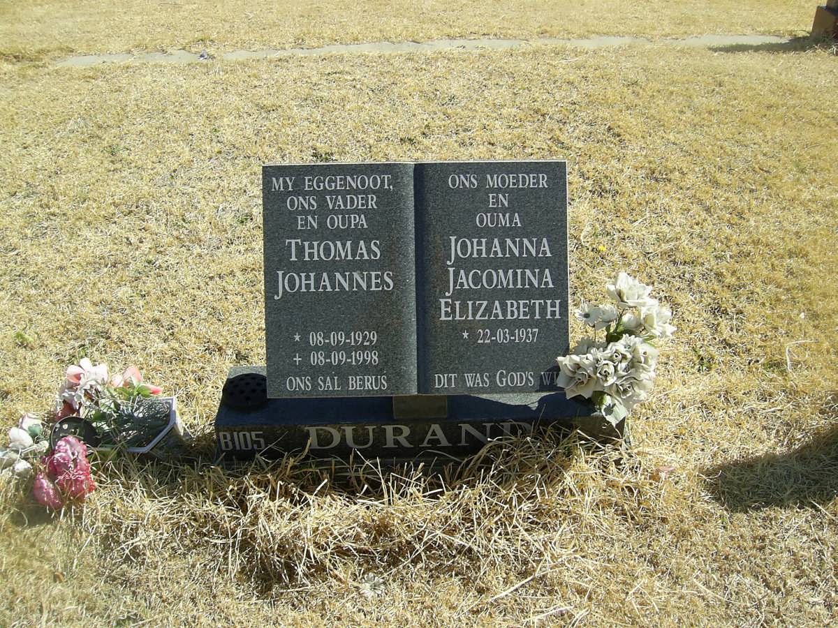 DURAND Thomas Johannes 1929-1998 &amp; Johanna Jacomina Elizabeth 1937-