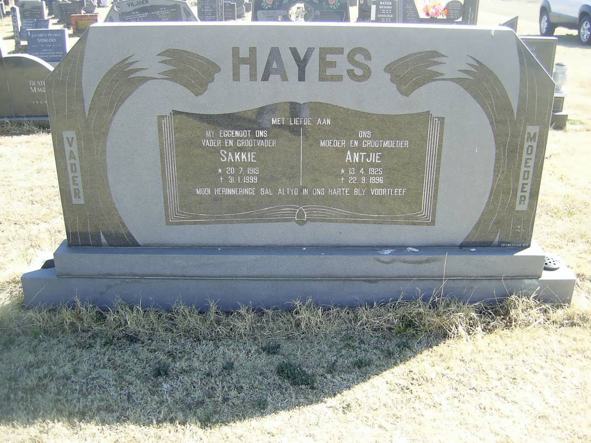 HAYES  Sakkie 1919-1999 &amp; Antjie 1925-1996