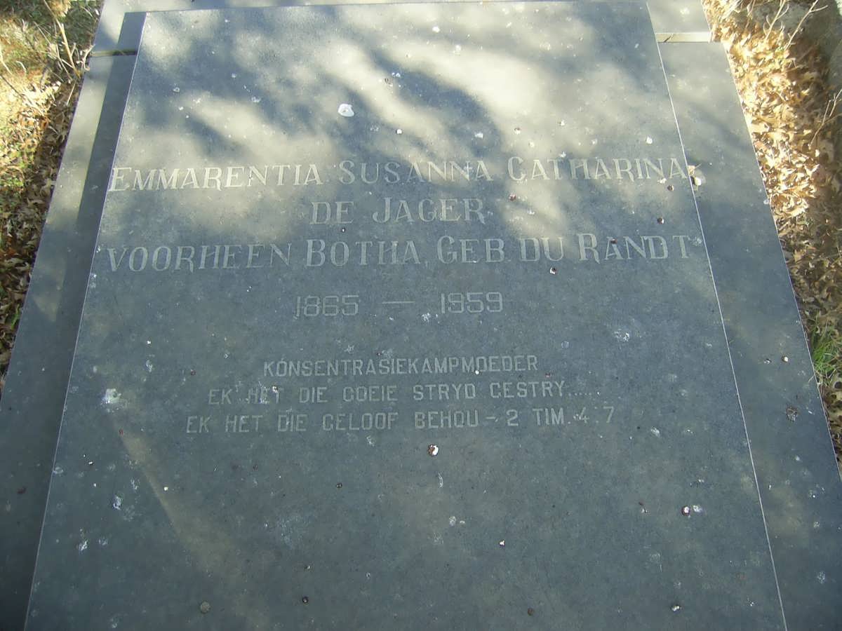JAGER Emmarentia Susanna Catharina, de voorheen BOTHA nee DU RANDT 1865-1959