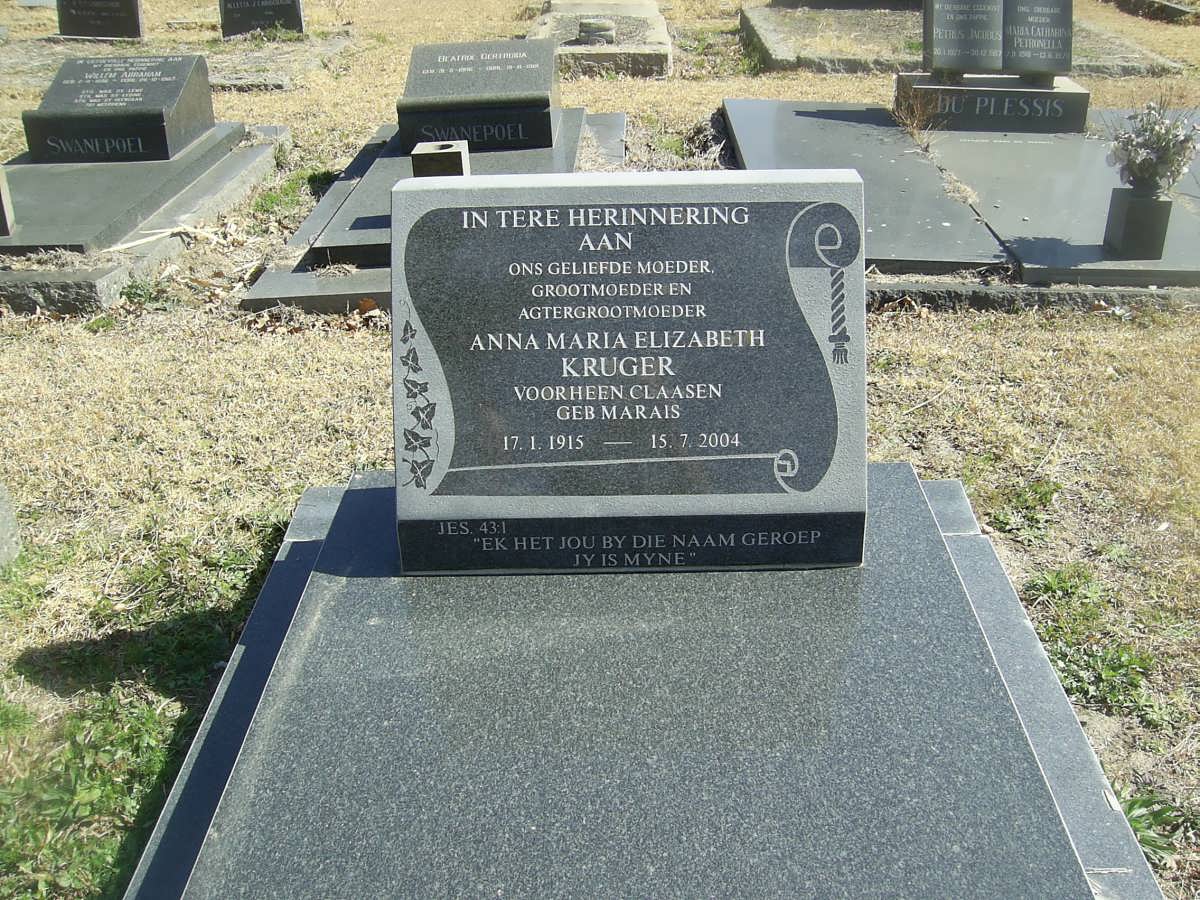 KRUGER Anna Maria Elizabeth formerly CLAASEN nee MARAIS 1915-2004