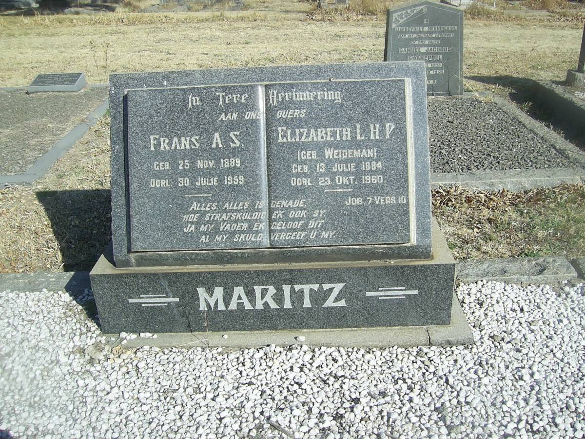 MARITZ Frans A.S. 1889-1959 &amp; Elizabeth L.H.P. WEIDEMAN 1884-1960