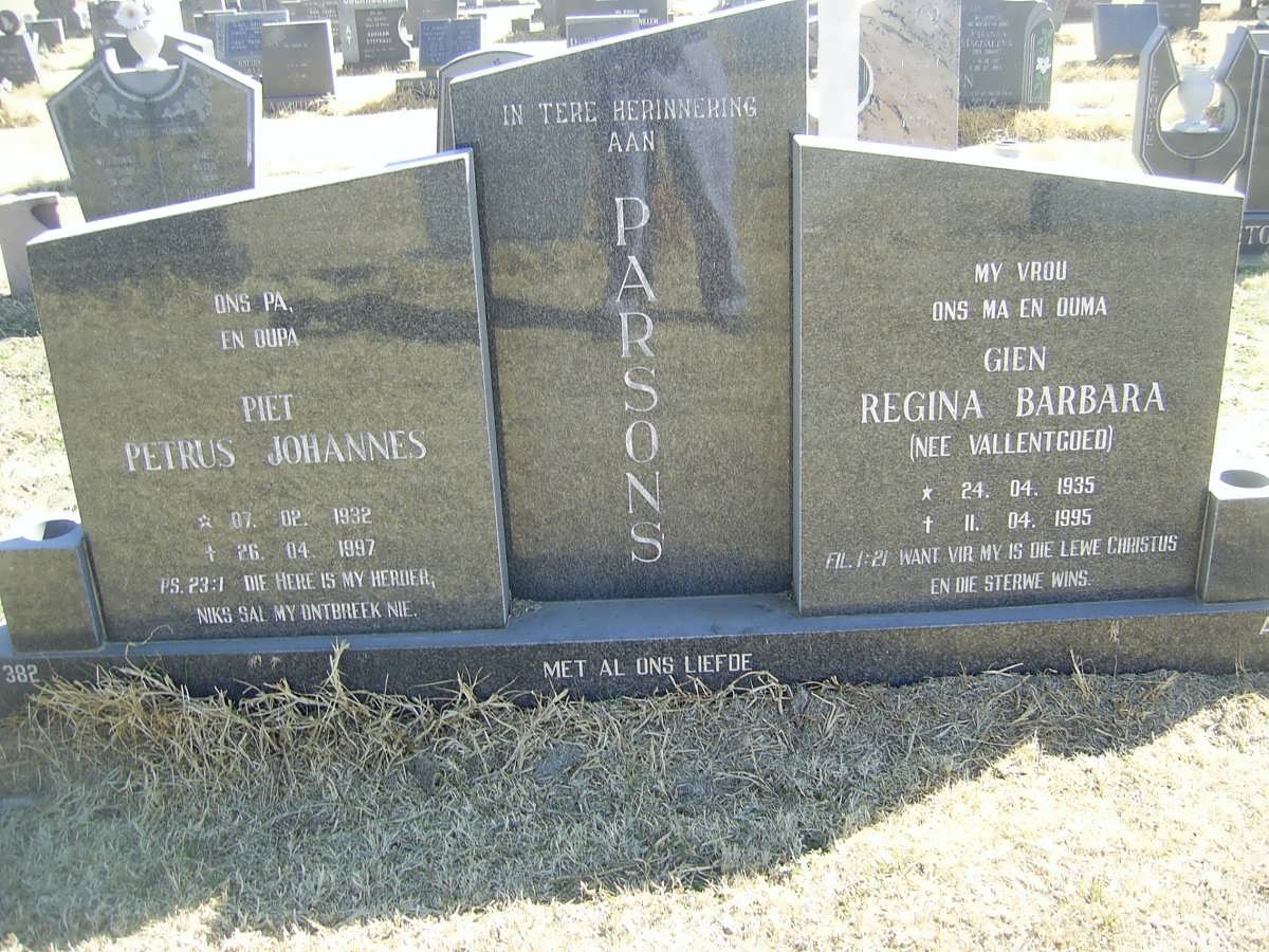 PARSONS Piet Petrus Johannes 1932-1997 &amp;  Regina Barbara VALLENTGOED 1935-1995