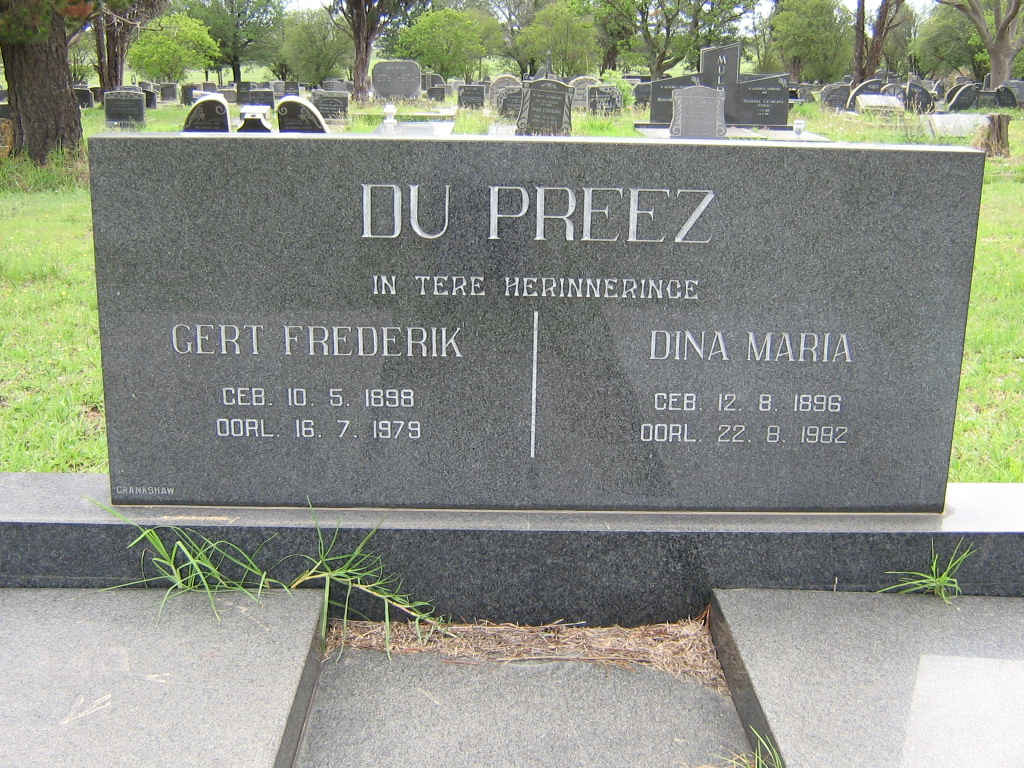 PREEZ Gert Frederik, du 1998-1979 &amp; Dina Maria 1896-1982
