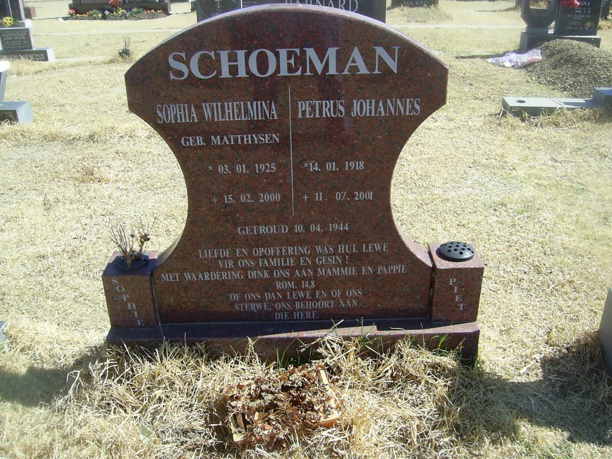 SCHOEMAN Petrus Johannes 1918-2001 &amp; Sophia Wilhelmina MATTHYSEN 1925-2000