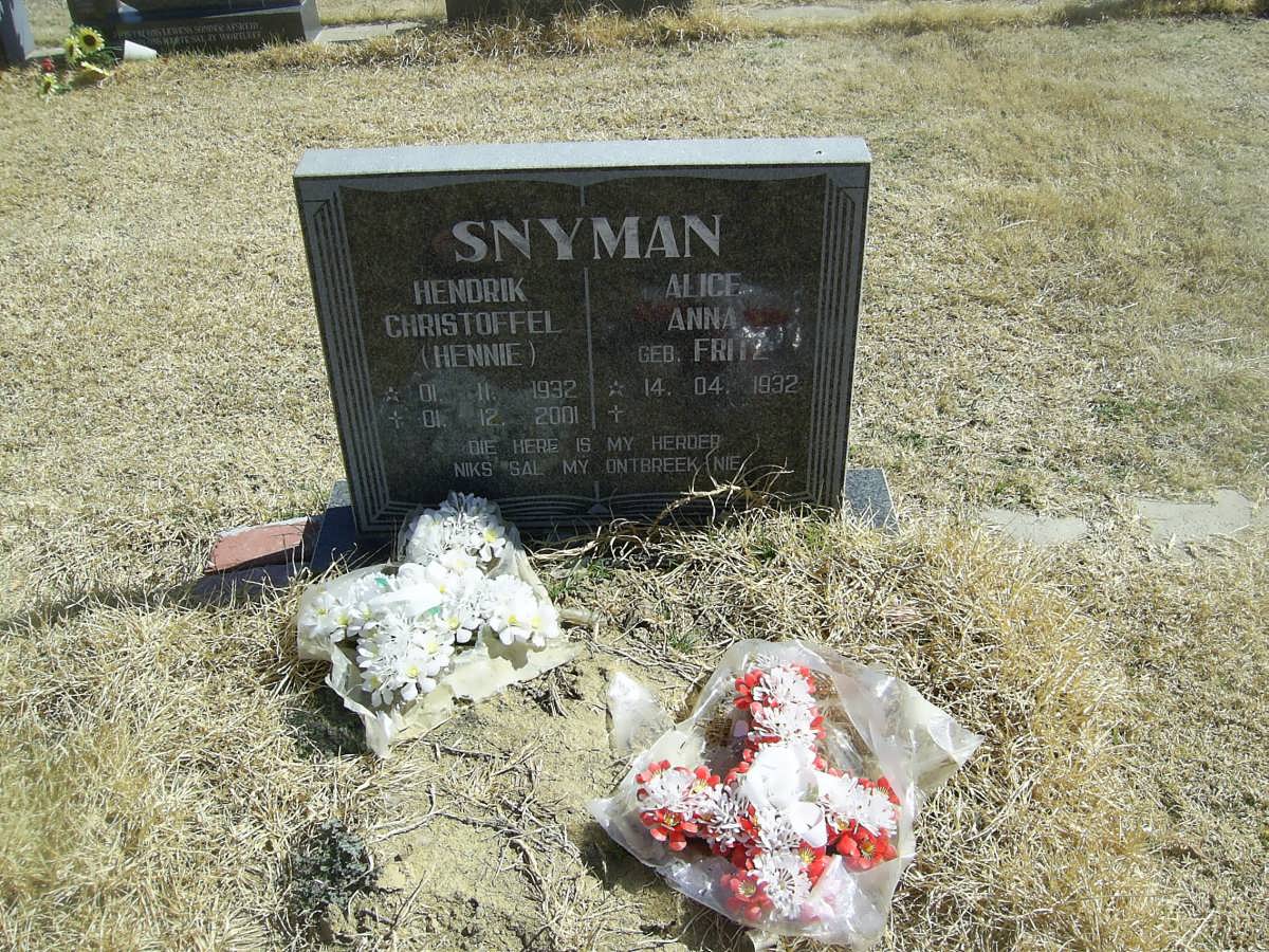 SNYMAN Hendrik Christoffel 1932-2001 &amp; Alice Anna FRITZ 1932-