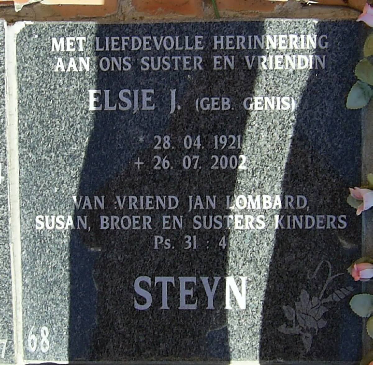 STEYN Elsie J. nee GENIS 1921-2002