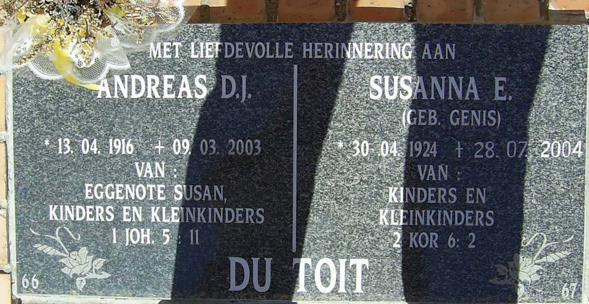 TOIT Andreas D.J., du 1916-2003 &amp; Susanna E. GENIS 1924-2004