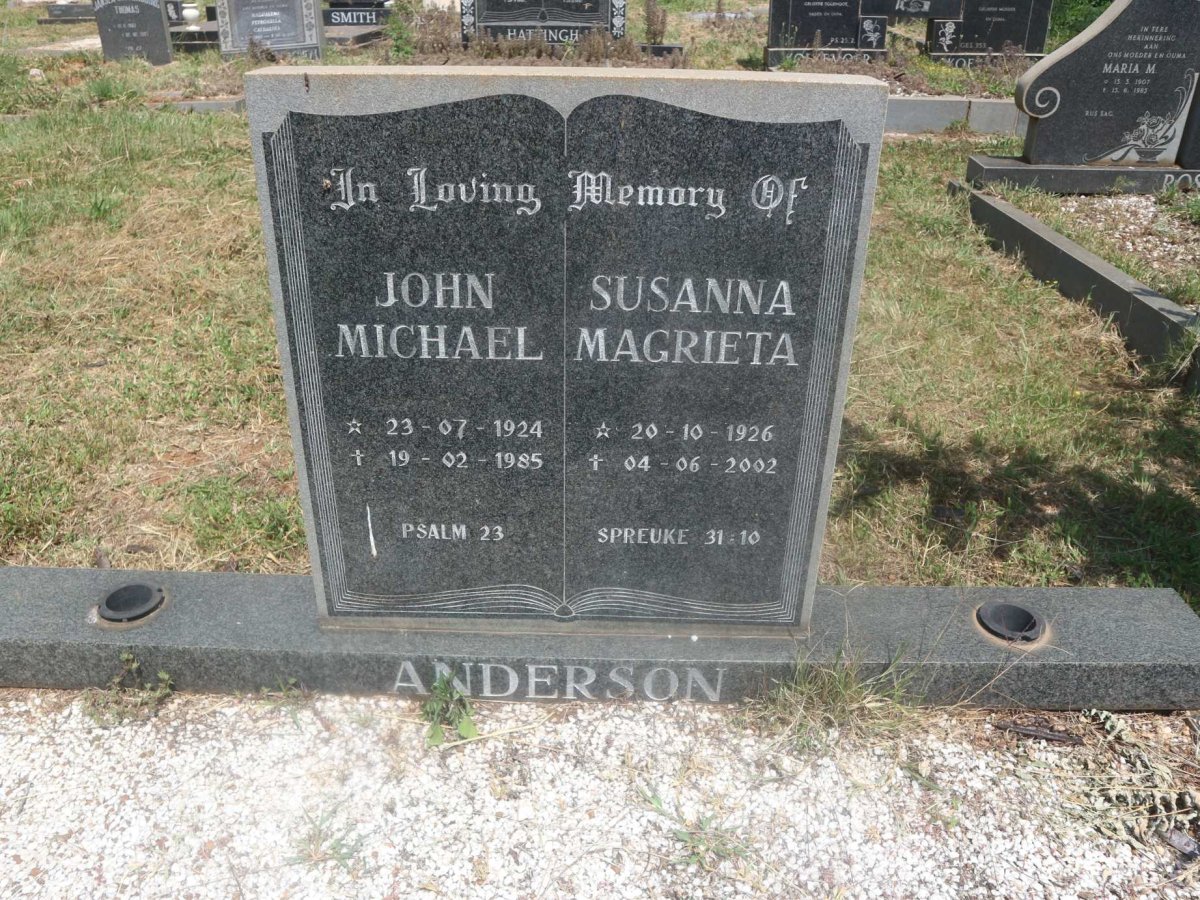 ANDERSON John Michael 1924-1985 &amp; Susanna Magrieta 1926-2002