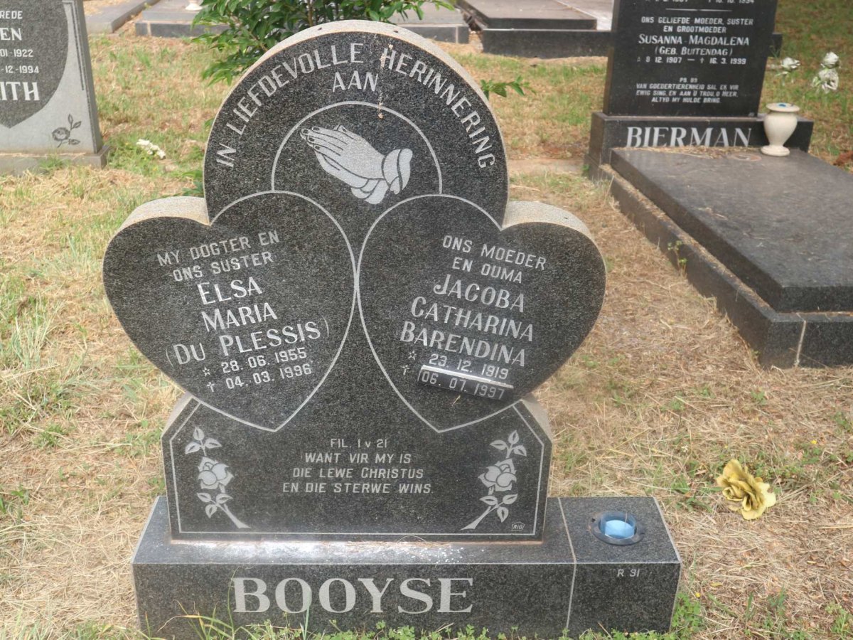 BOOYSE Jacoba Catharina Barendina 1919-1997 :: BOOYSE Elsa Maria, du nee DU PLESSIS 1955-1996