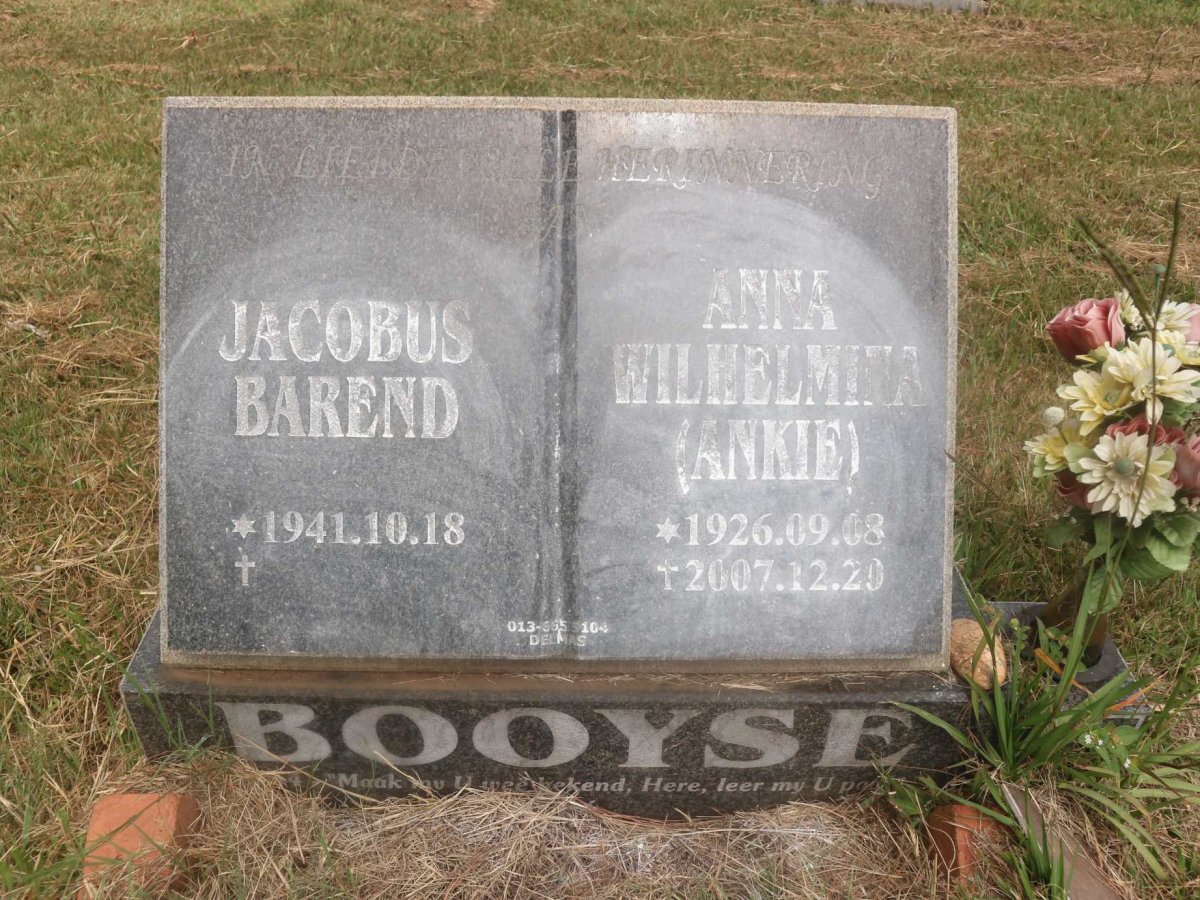 BOOYSE Jacobus Barend 1941- &amp; Anna Wilhelmina 1926-2007