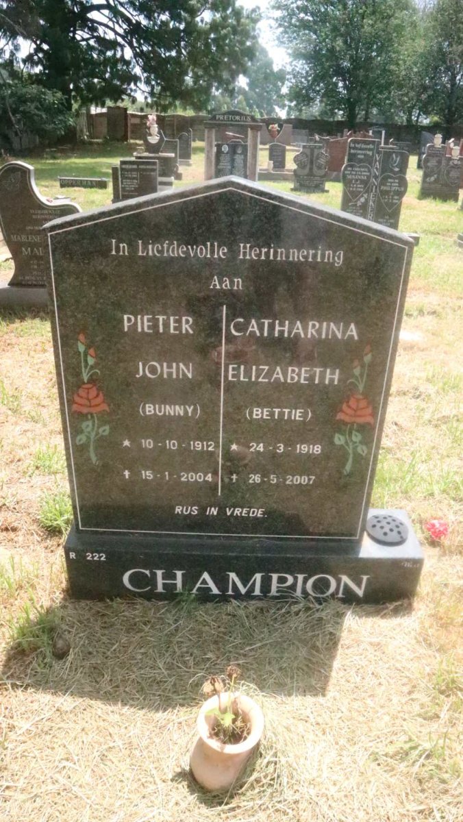 CHAMPION Pieter John 1912-2004 &amp; Catharina Elizabeth 1918-2007