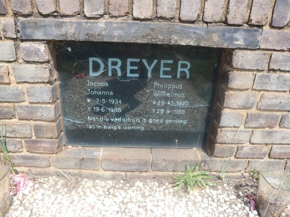 DREYER Philippus Wilhelmus 1920-1989 &amp; Jacoba Johanna 1934-1988