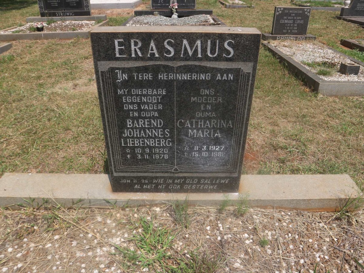 ERASMUS Barend Johannes Liebenberg 1920-1978 &amp; Catharina Maria 1927-1981