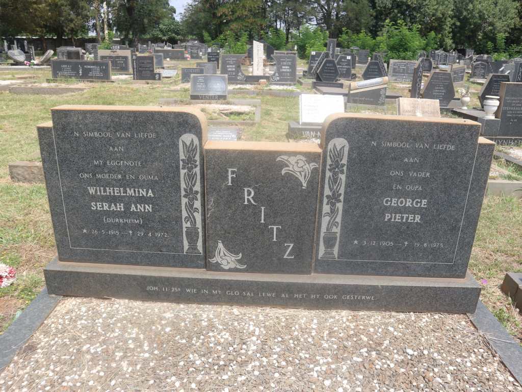 FRITZ George Pieter 1905-1975 &amp; Wilhelmina Serah Ann DURRHEIM 1915-1972