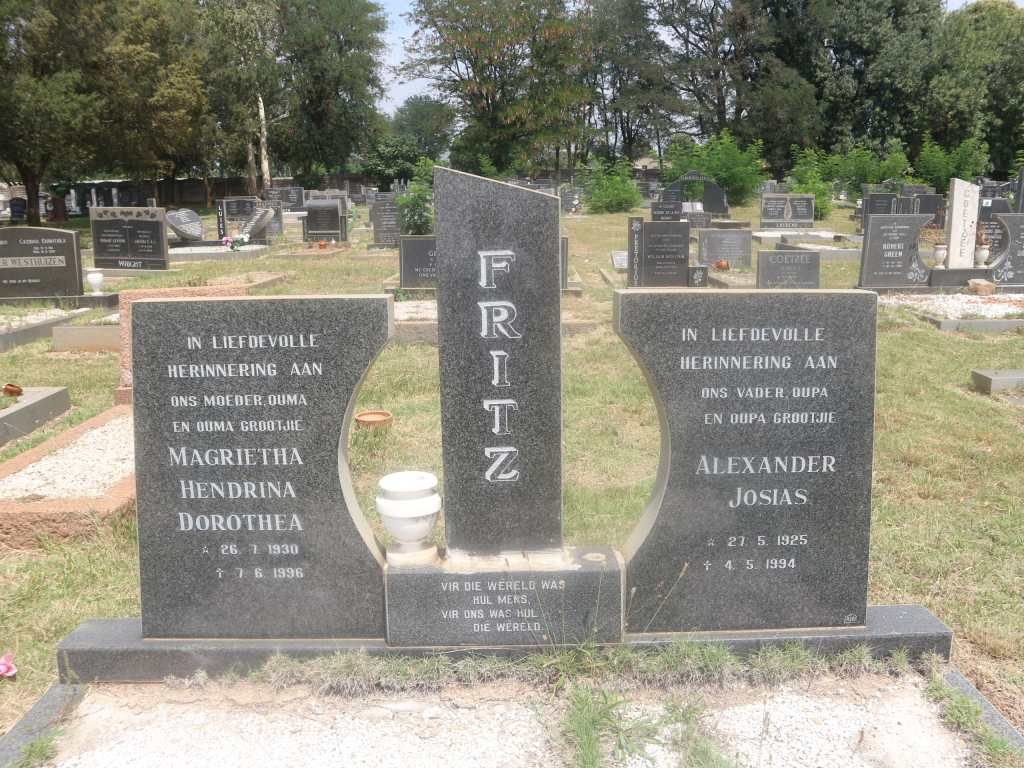 FRITZ Alexander Josias 1925-1994 &amp; Magrietha Hendrina Dorothea 1930-1996