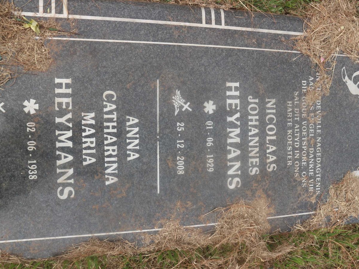 HEYMANS Nicolaas Johannes 1929-2008 &amp; Anna Catharina Maria 1938-