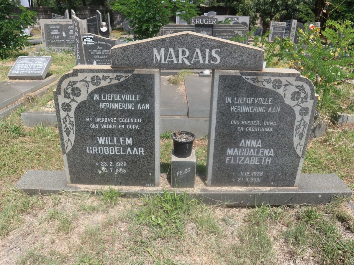 MARAIS Willem Grobbelaar 1926-1985 &amp; Anna Magdalena Elizabeth 1928-2001