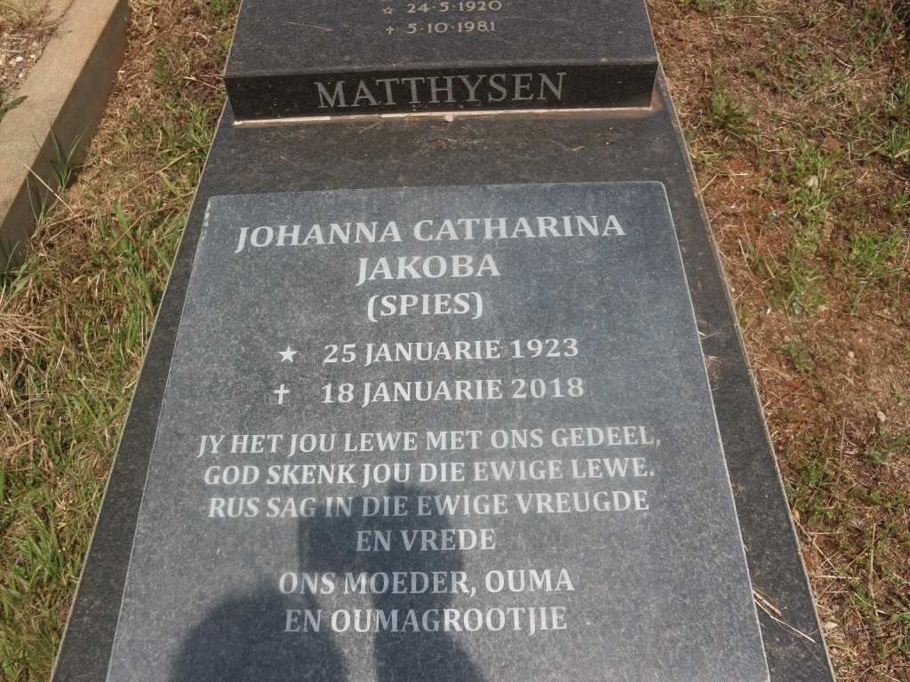 MATTHYSEN Andries 1920-1981 &amp; Johanna Catharina Jakoba SPIES 1923-2018