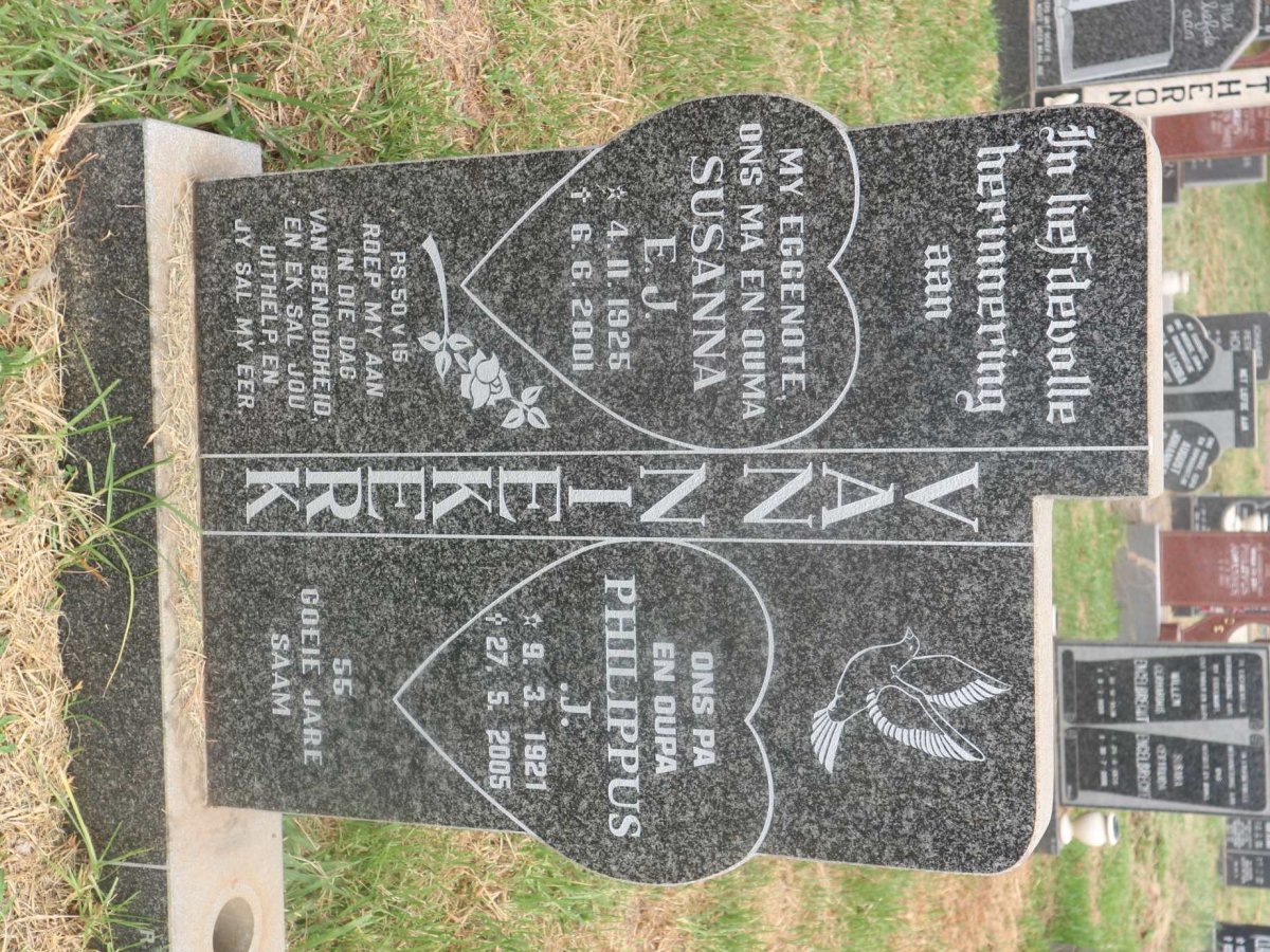 NIEKERK Philippus J., van 1921-2005 &amp; Susanna E.J. 1925-2001