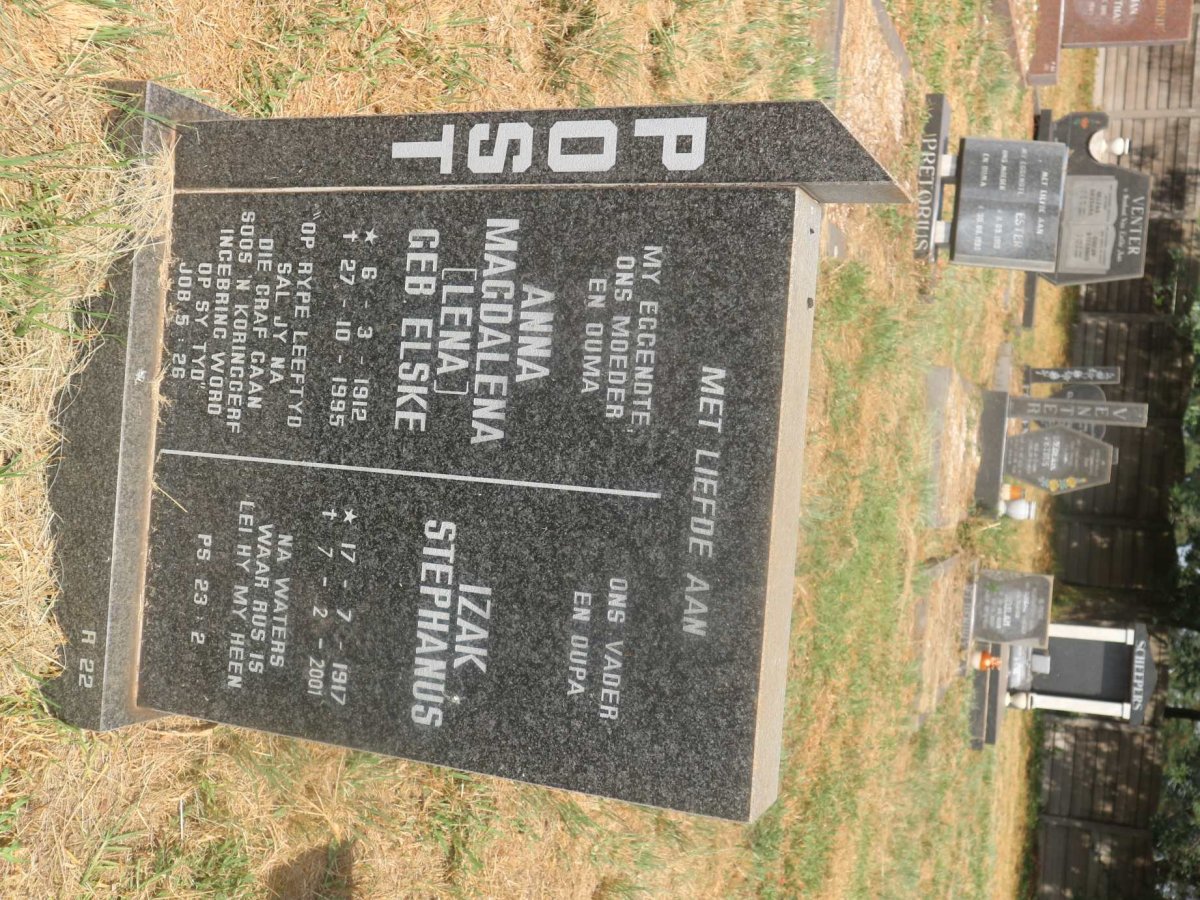 POST Izak Stephanus 1917-2001 &amp; Anna Magdalena ELSKE 1912-1995