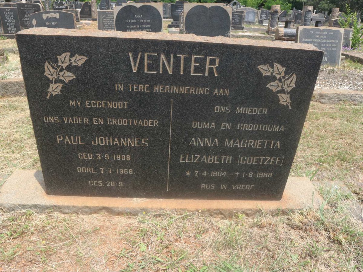 VENTER Paul Johannes 1908-1966 &amp; Anna Magrietta Elizabeth COETZEE 1904-1988