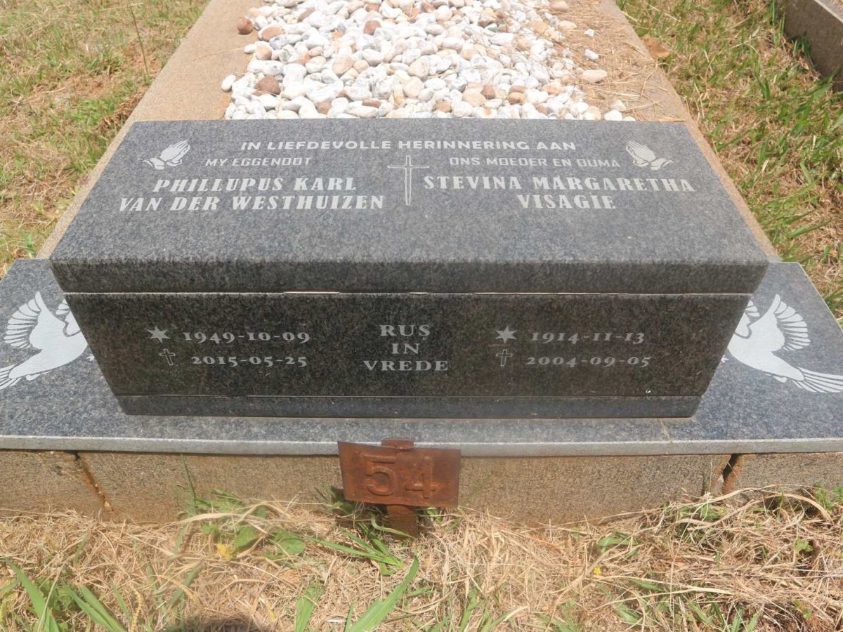 WESTHUIZEN Phillupus Karl, van der 1949-2015 :: VISAGIE Stevina Margaretha 1914-2004