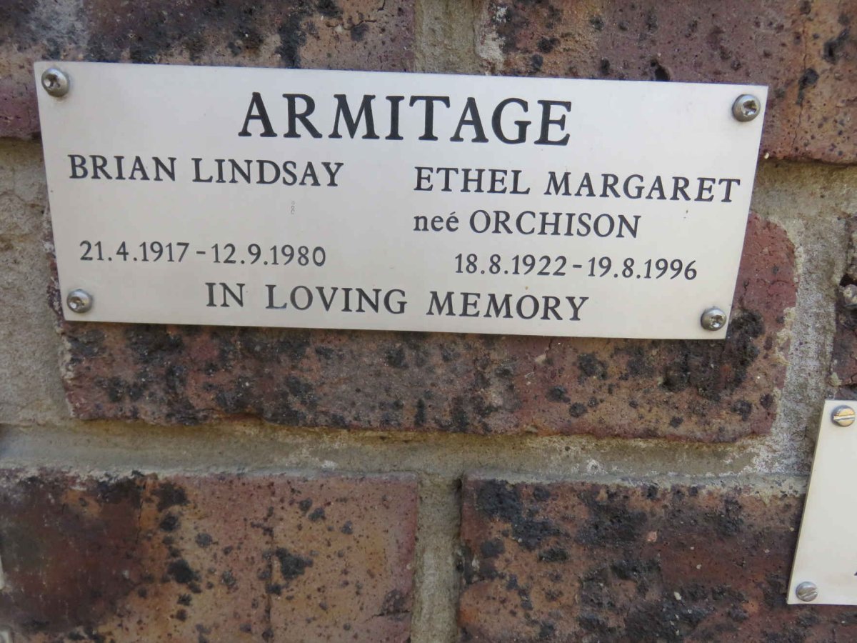 ARMITAGE Brian Lindsay 1917-1980 &amp; Ethel Margaret ORCHISON 1922-1996