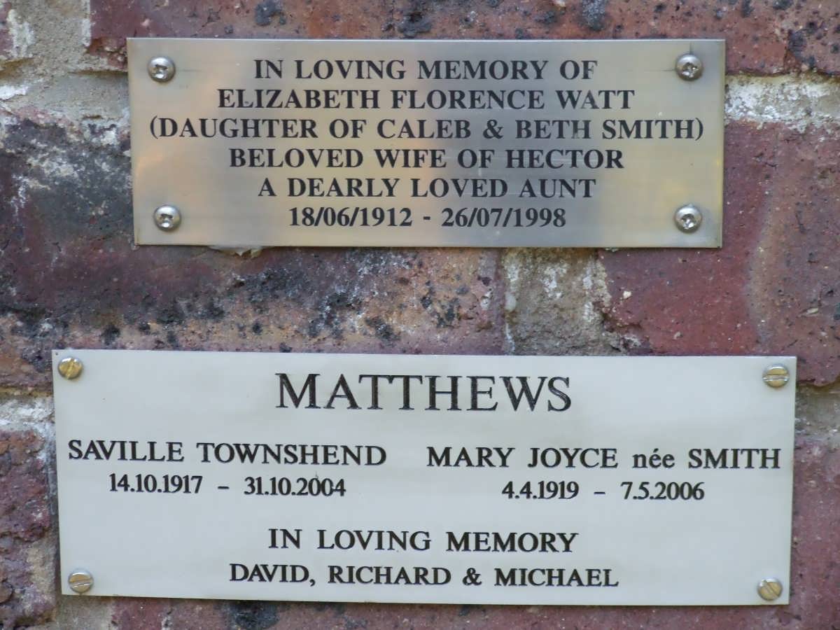 WATT Elizabeth Florence SMITH 1912-1998 :: MATTHEWS Saville Townshend 1917-2004 &amp; Mary Joyce SMITH 1919-2006