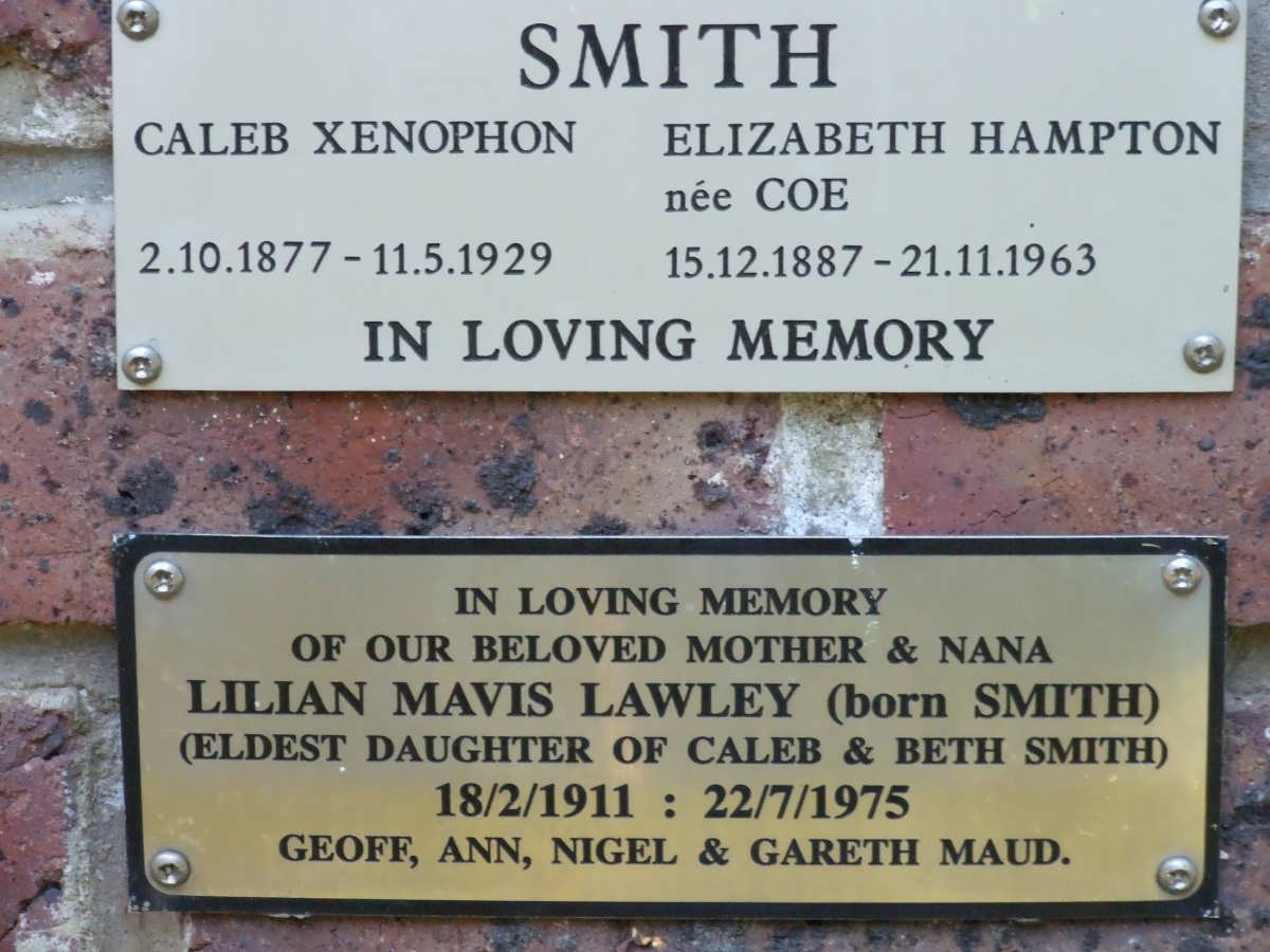 SMITH Caleb Xenophon 1877-1929 &amp; Elizabeth Hampton COE 1887-1963 :: LAWLEY Lilian Mavis nee SMITH 1911-1975