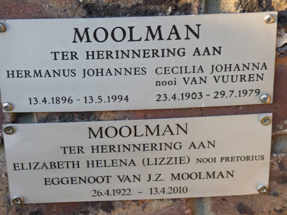 MOOLMAN Hermanus Johannes 1896-1994 &amp; Cecilia Johanna VAN VUUREN 1903-1979 :: MOOLMAN Elizabeth Helena PRETORIUS 1922-2010