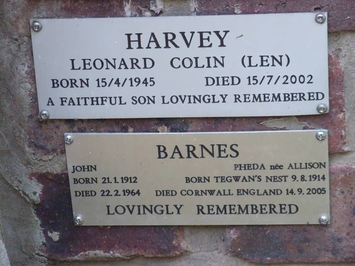 HARVEY Leonard Colin 1945-2002 :: BARNES John 1912-1964 &amp; Pheda ALLISON 1914-2005