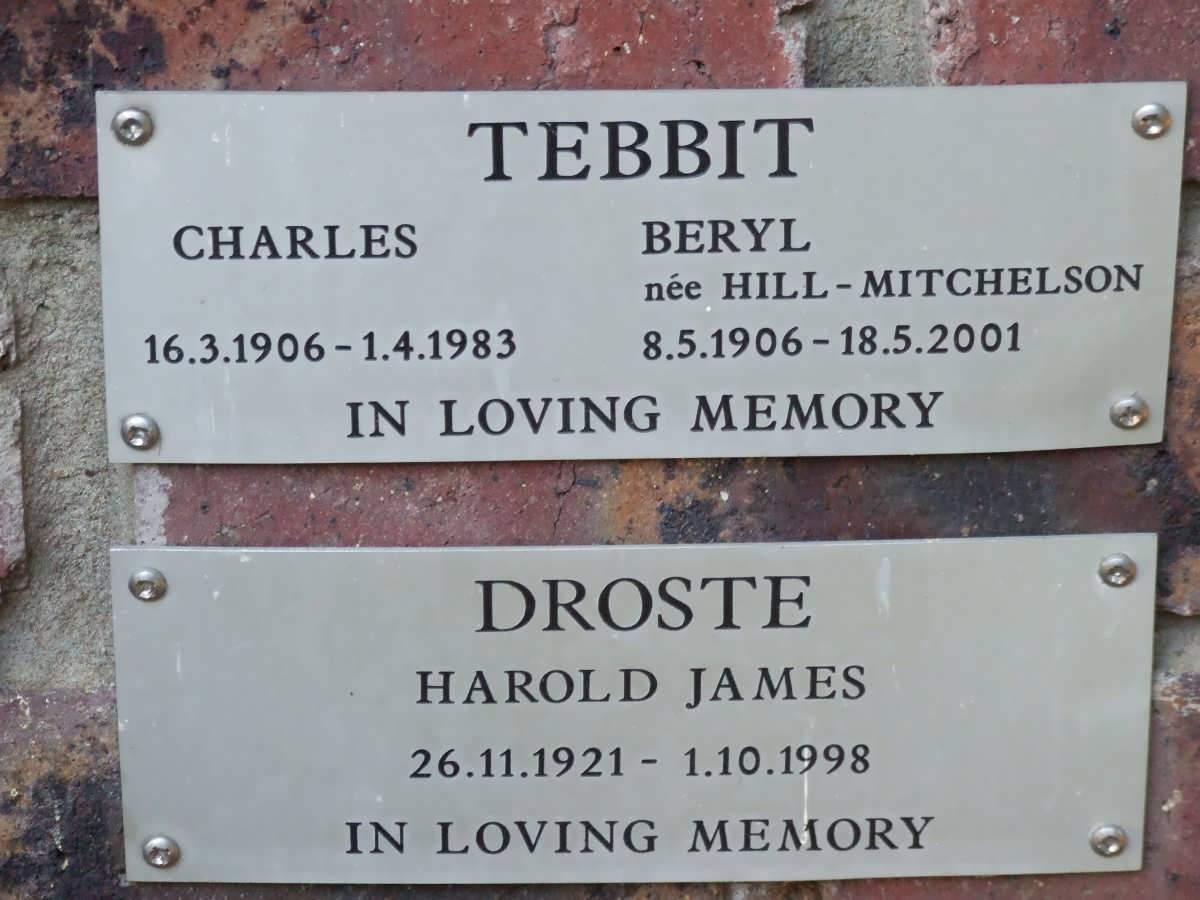TEBBIT Charles 1906-1983 &amp; Beryl HILL-MITCHELSON 1906-2001 :: DROSTE Harold James 1921-1998