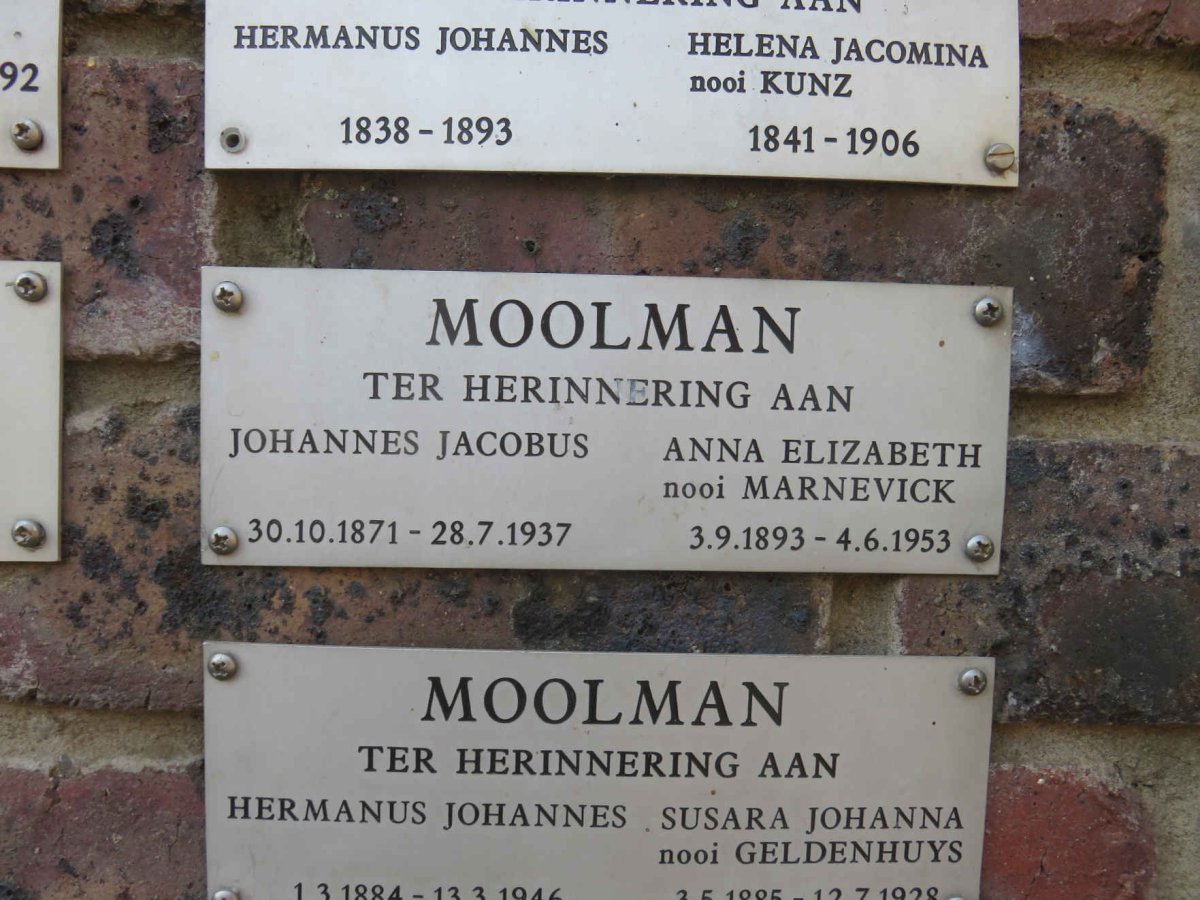 MOOLMAN Johannes Jacobus 1871-1937 &amp; Anna Elizabeth MARNEVICK 1893-1953
