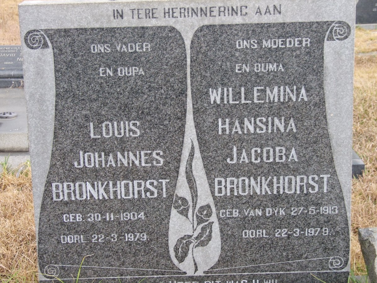 BRONKHORST Louis Johannes 1904-1979 &amp; Willemina Hansina Jacoba VAN DYK 1913-1979