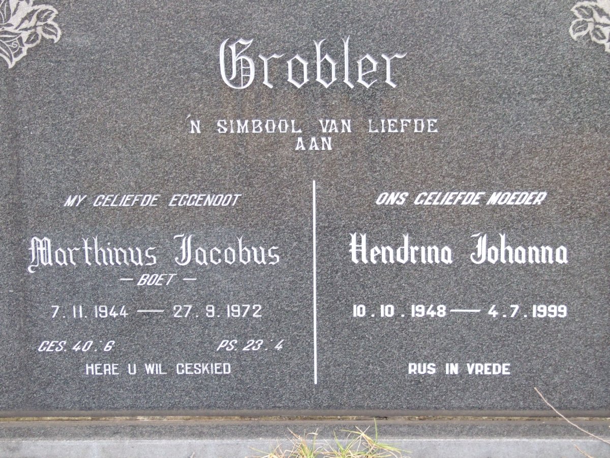 GROBLER Marthinus Jacobus 1944-1972 &amp; Hendrina Johanna 1948-1999
