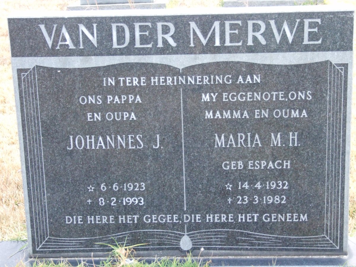 MERWE Johannes J., van der 1923-1993 &amp; Maria M.H. ESPACH 1932-1982
