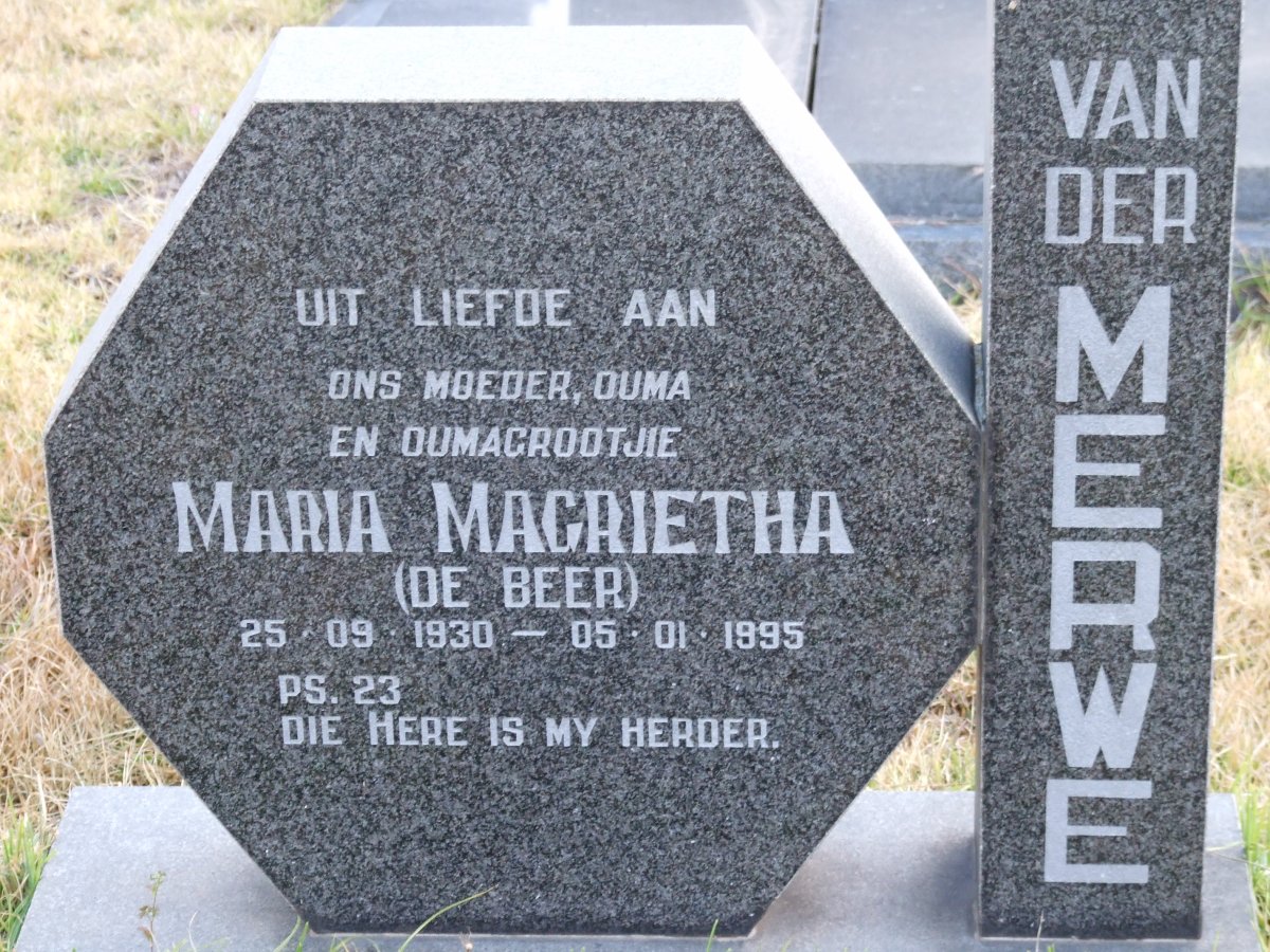 MERWE Maria Magrietha, van der nee DE BEER 1930-1995