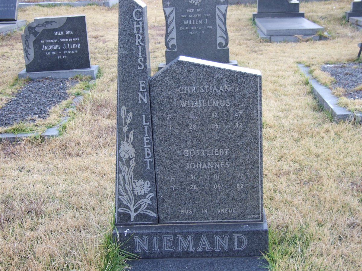 NIEMAND Christiaan Wilhelmus 1947-1982 :: NIEMAND Gottliebt Johannes 1977-1982