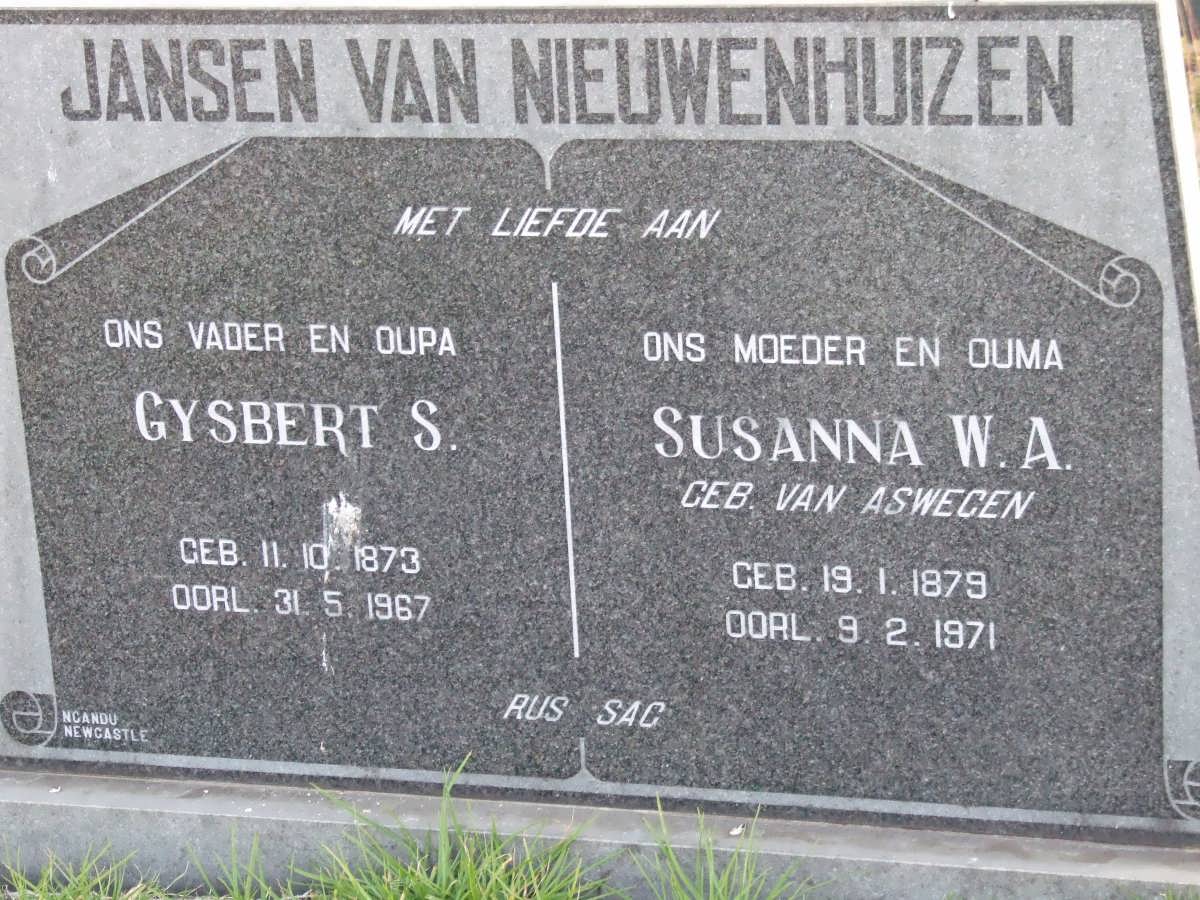 NIEUWENHUIZEN Gysbert S., Jansen van 1873-1967 &amp; Susanna W.A. van ASWEGEN 1879-1971