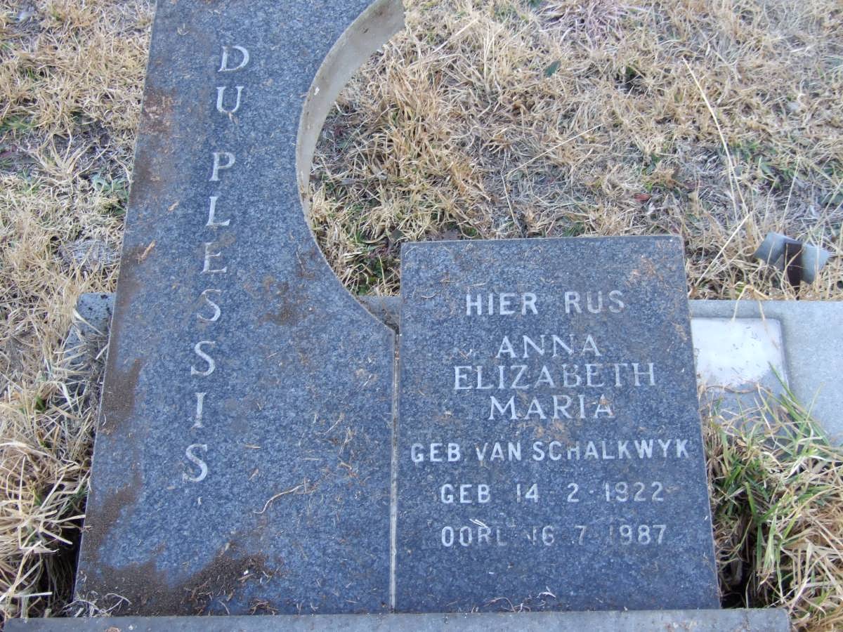 PLESSIS Anna Elizabeth Maria, du nee VAN SCHALWYK 1922-1987