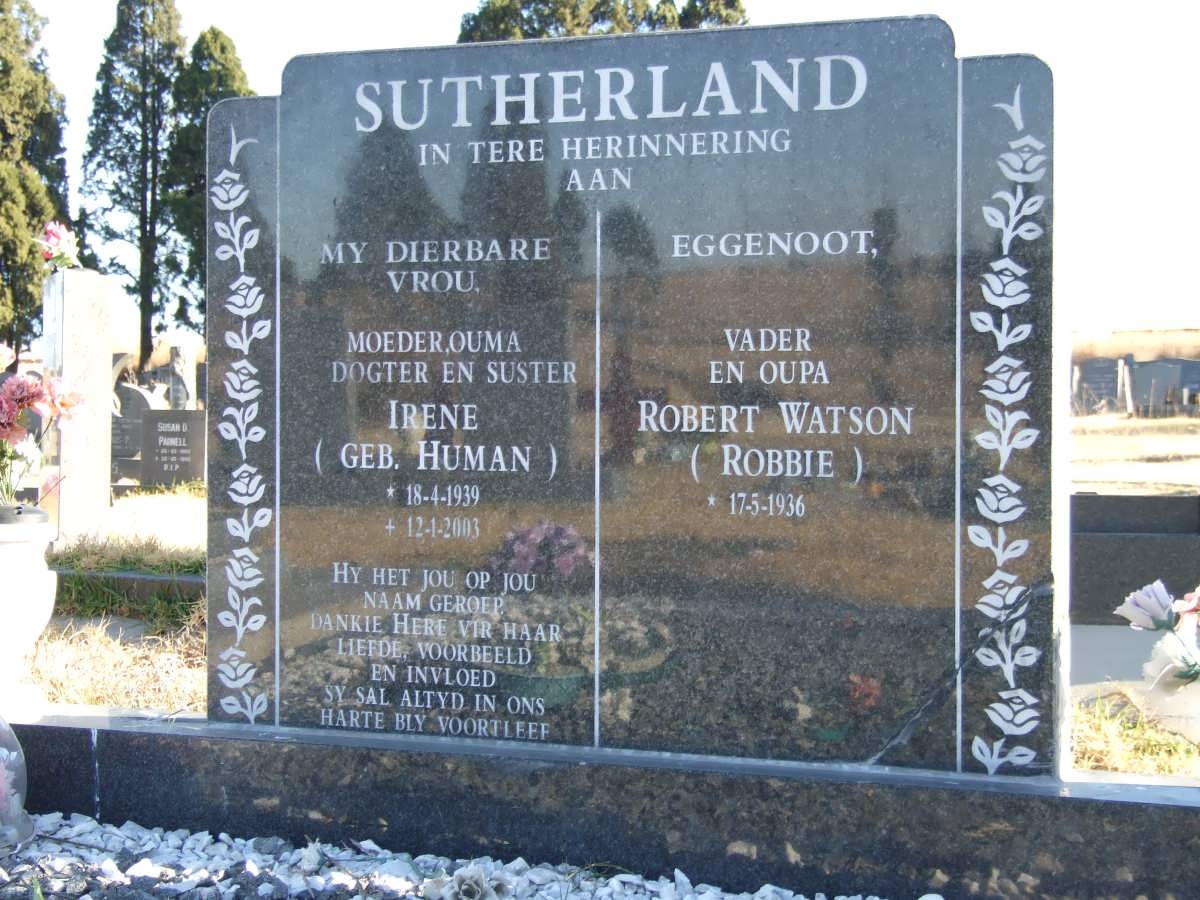 SUTHERLAND Robert Watson 1936- &amp; Irene HUMAN 1939-2003