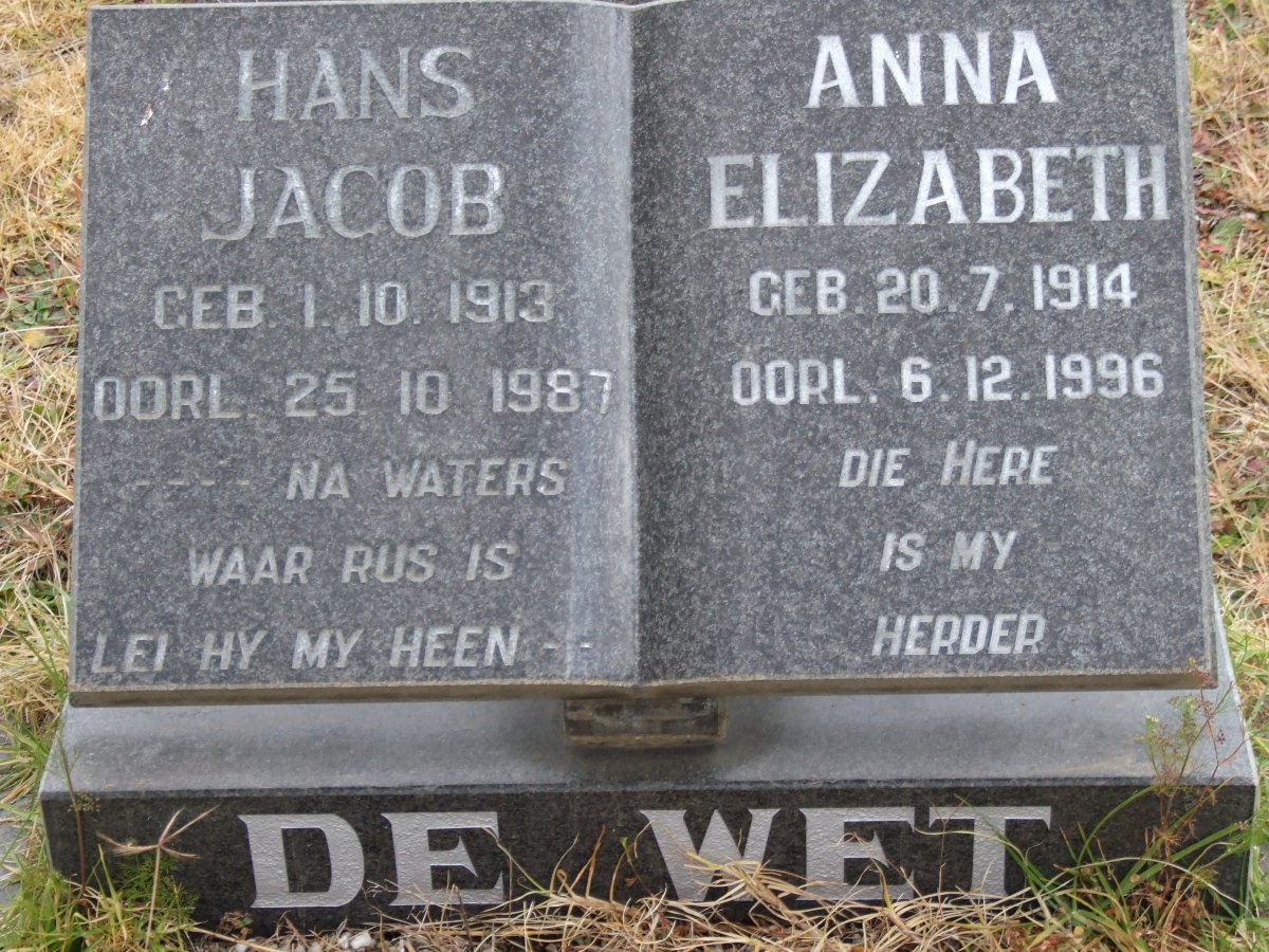 WET Hans Jacob, de 1913-1987 &amp; Anna Elizabeth 1914-1996