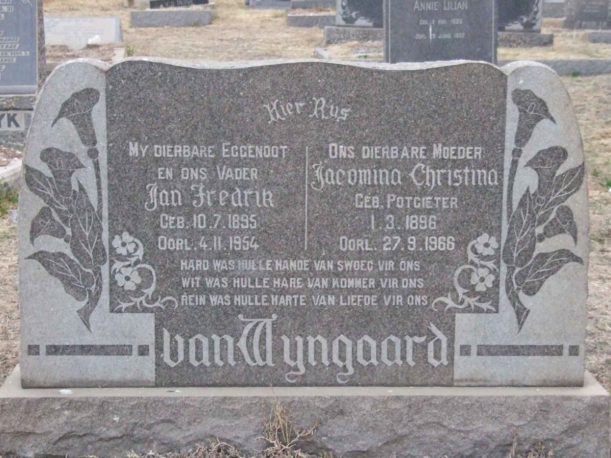 WYNGAARD Jan Fredrik, van 1895-1954 &amp; Jacomina Christina POTGIETER 1896-1966