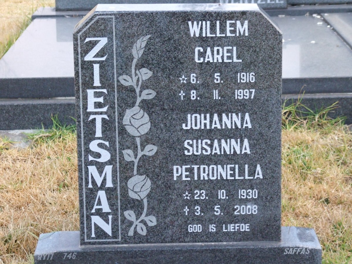 ZIETSMAN Willem Carel 1916-1997 &amp; Johanna Susanna Petronella 1930-2008