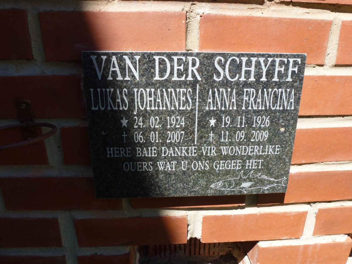 SCHYFF Lukas Johannes, van der 1924-2007 &amp; Anna Francina 1926-2009