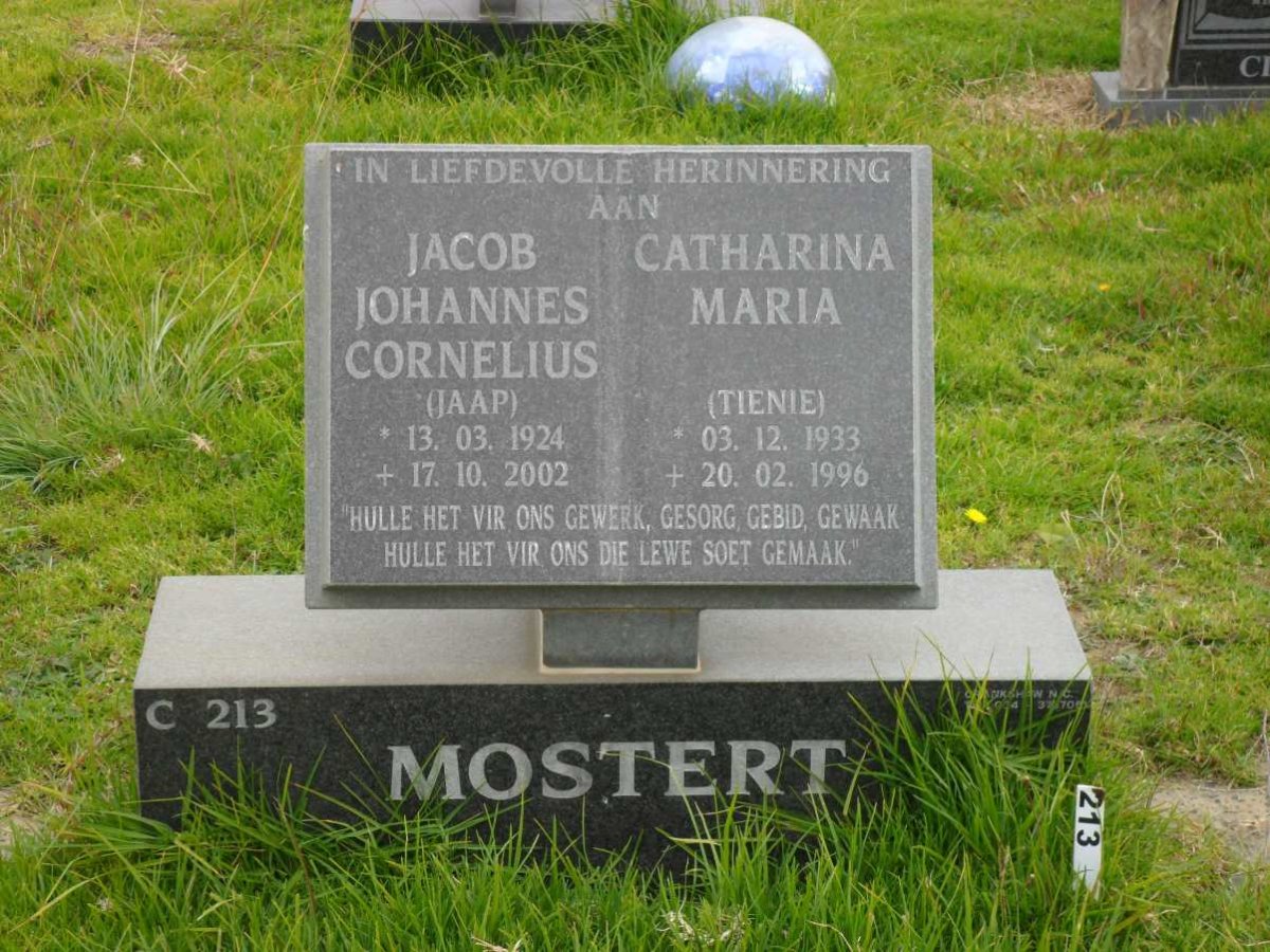 MOSTERT Jacob Johannes Cornelius 1924-2002 &amp; Catharina Maria 1933-1996