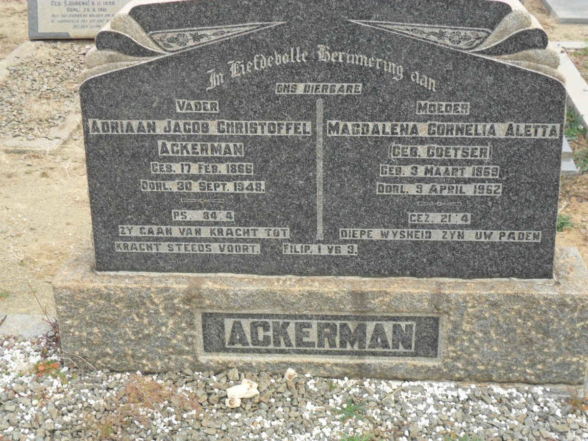 ACKERMAN Adriaan Jacob  Christoffel 1866-1948 &amp; Magdalena Cornelia Aletta COETSER 1869-1962