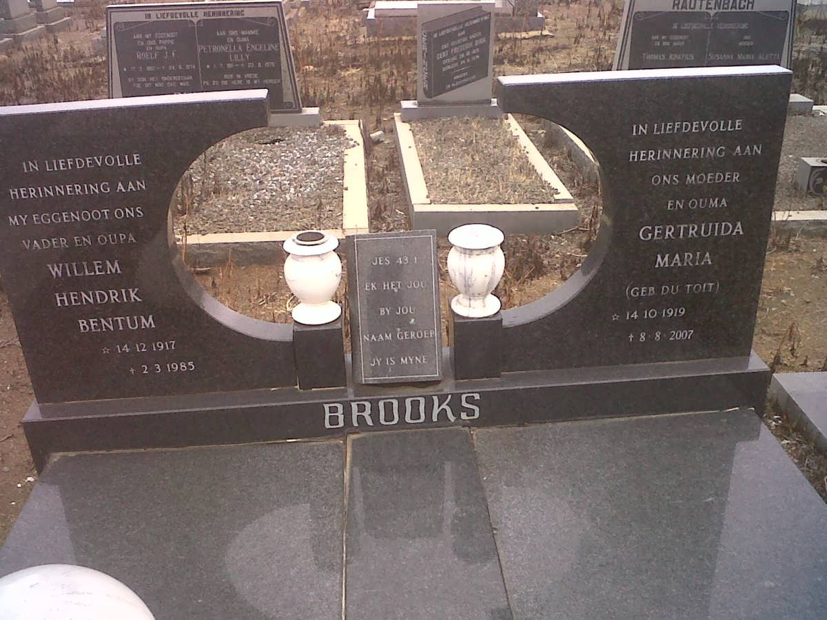 BROOKS Willem Hendrik Bentum 1917-1985 &amp; Gertruida Maria DU TOIT 1919-2007
